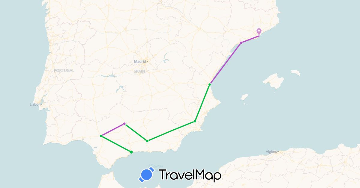 TravelMap itinerary: driving, bus, train in Spain (Europe)